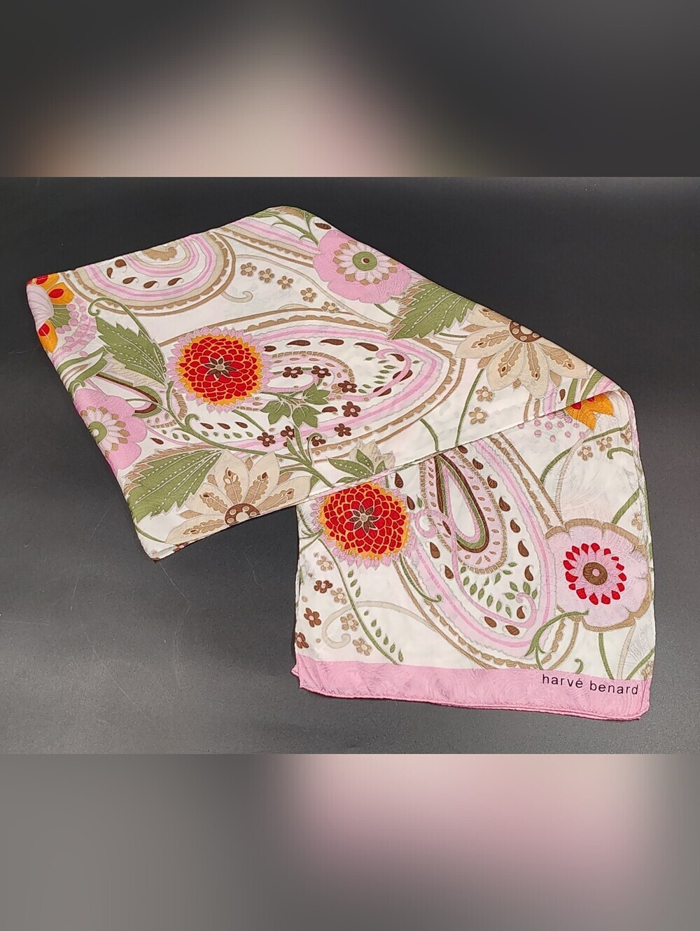 Harvé Benard Pink, Green, Red Floral Silk Scarf Rolled Hem Vintage